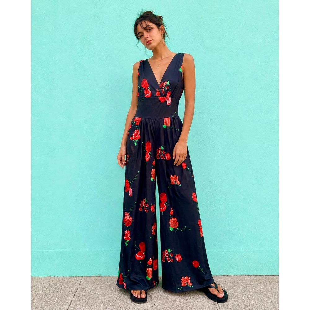 Vintage 70s S/M Black Boho Red Rose Wide Leg Jumpsuit Romantic Disco Floral